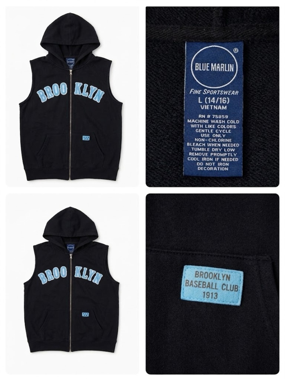 Blue Marlin Kids' Black Sleeveless Hoodie with Light Blue 'Brooklyn' Lettering